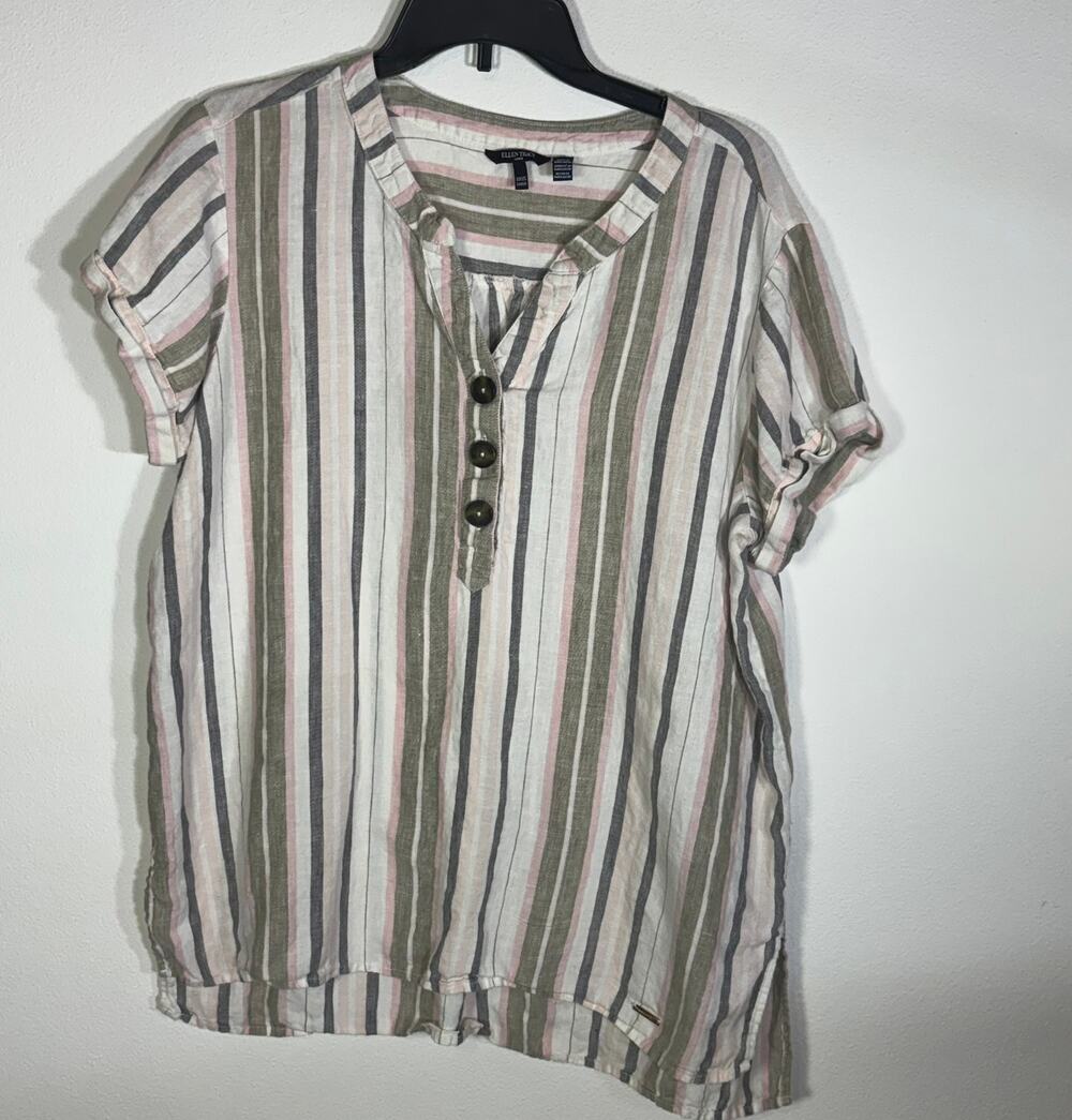 Ellen Tracy Linen Top Womens XL Striped Pink Green Roll Tab Short Sleeve Tunic